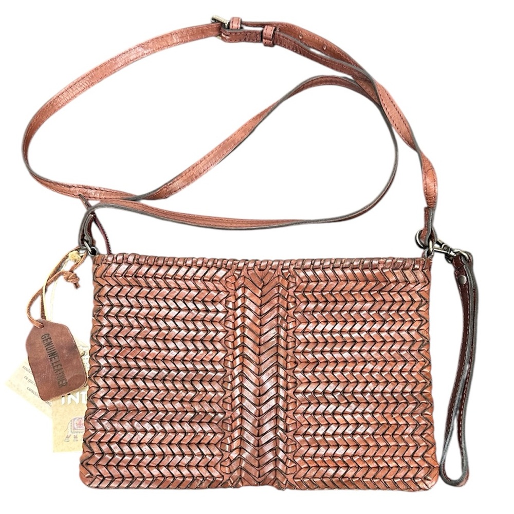 Made in‎ India Brown Woven Soft Leather Crossbody Wristlet Adjustable Strap